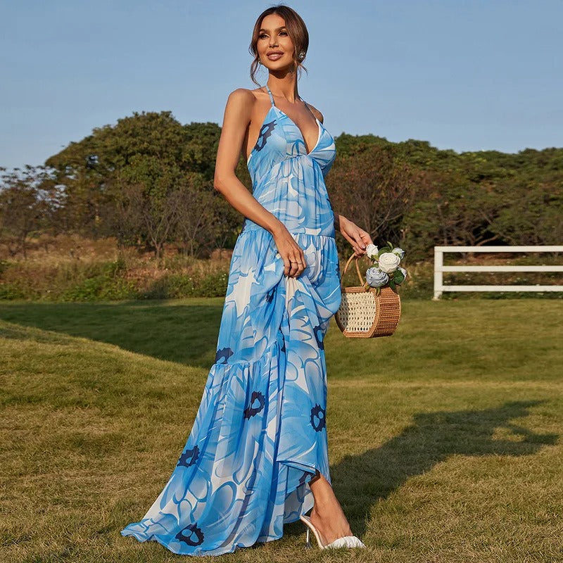 Blue & White Floral Print Halter Neck Tiered Maxi Dress Avalabel