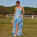 Blue & White Floral Print Halter Neck Tiered Maxi Dress Avalabel