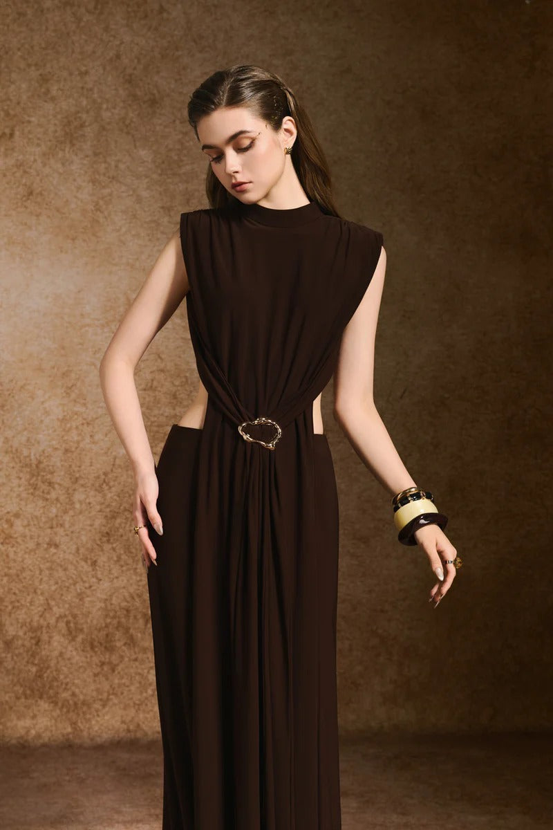 damla Sheath Open Back Spandex Maxi Dress in dark brown Avalabel