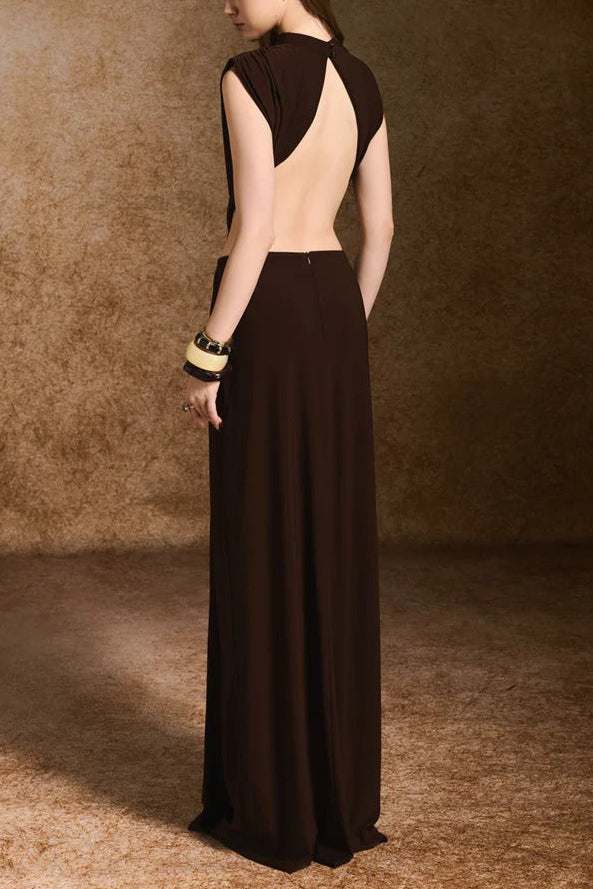 damla Sheath Open Back Spandex Maxi Dress in dark brown Avalabel