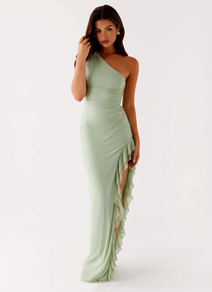 One-Shoulder Slit Ruffle Trim Maxi Dress in Sage Green Avalabel