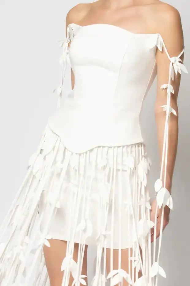 hilary white flower tassel strapless mini dress Avalabel