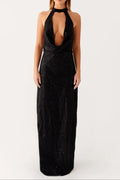Sequin Cutout Halter Backless Maxi Dress in Black Avalabel
