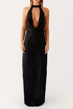 Sequin Cutout Halter Backless Maxi Dress in Black Avalabel