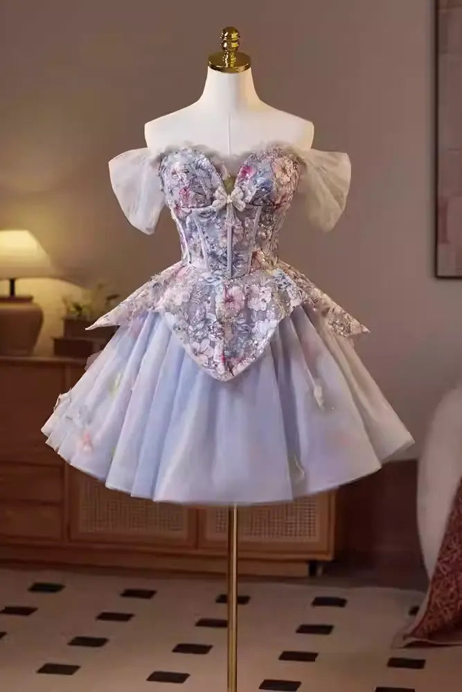 Kelly Floral Print Embroidery Tulle Puffy Mini Dress Avalabel