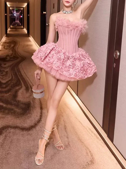 Strapless Petal Floral Corset A Line Dress