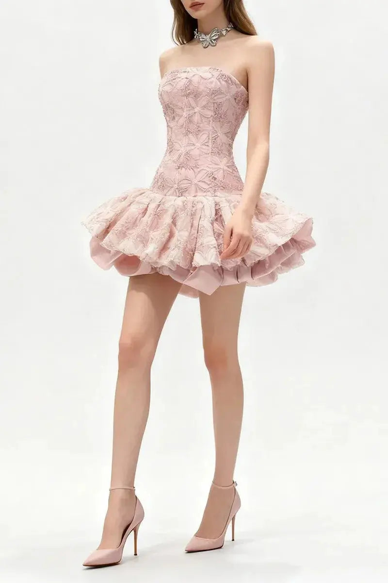 katherine Embroidered Lace Ruffle Mini Dress in pink Avalabel