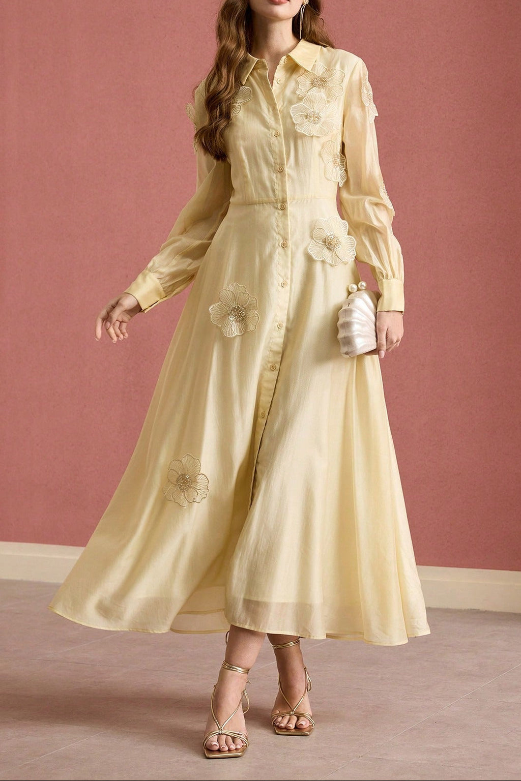 susanna floral Applique Shirt Midi Dress in yellow Avalabel