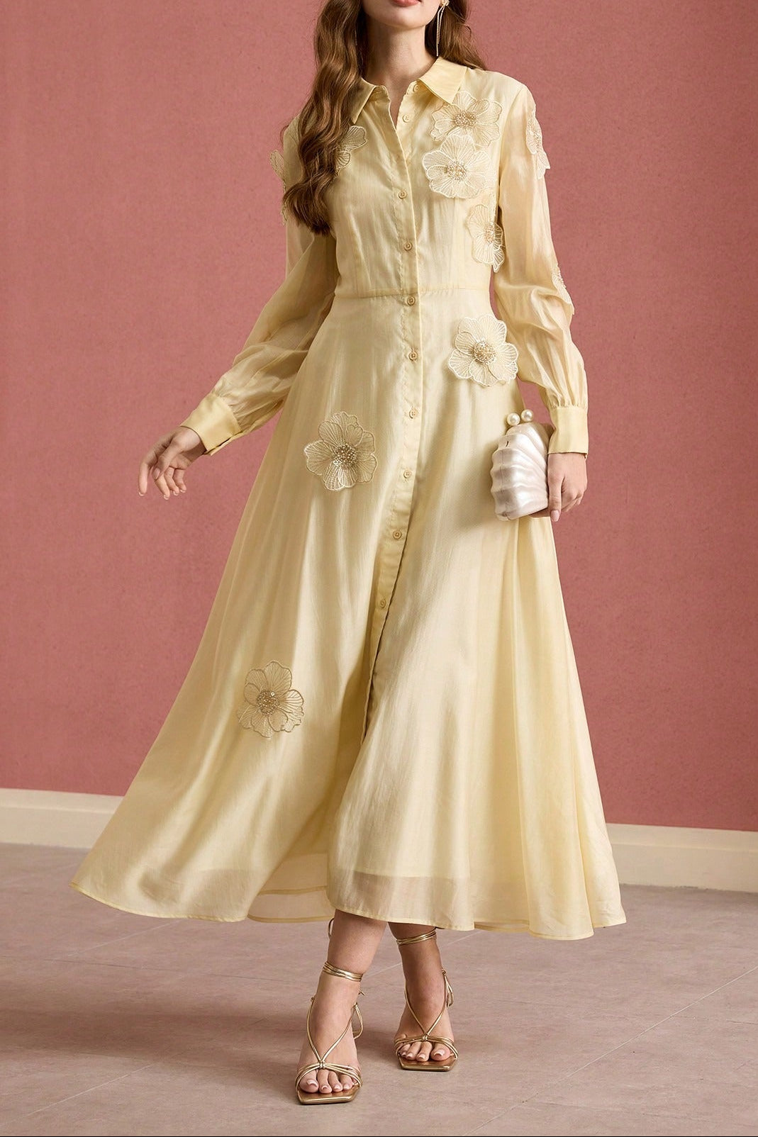 susanna floral Applique Shirt Midi Dress in yellow Avalabel