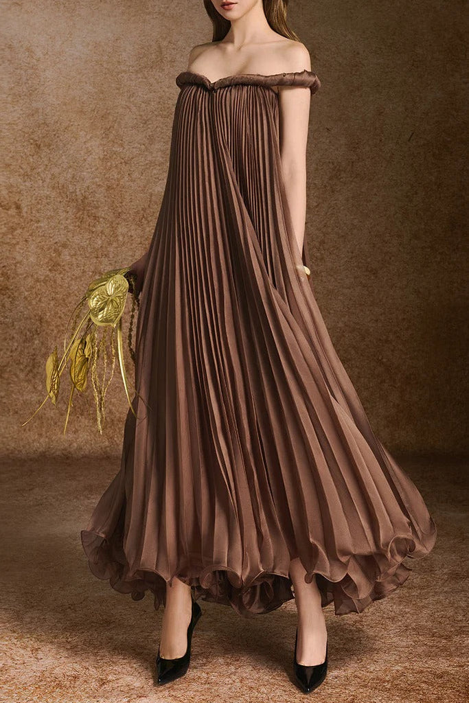 donna A-line Off-Shoulder Silk Organza Maxi Dress in brown Avalabel