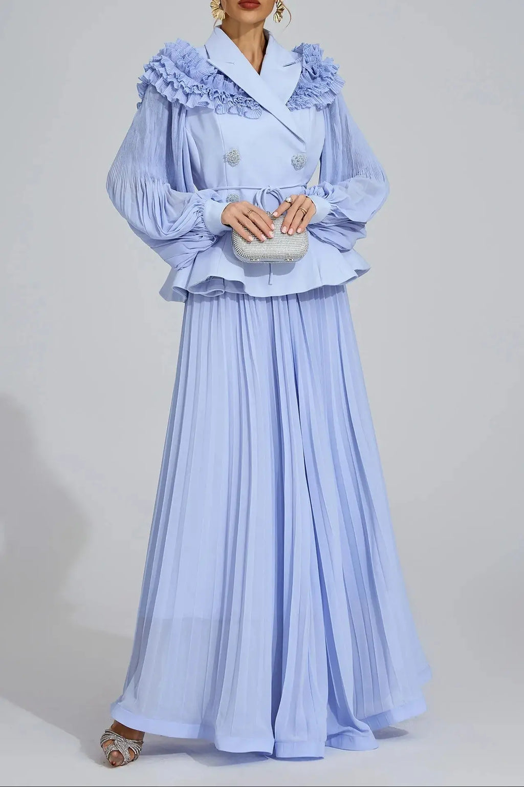josephine Light Blue Flounce skirt  blazer Two-Piece Set Avalabel