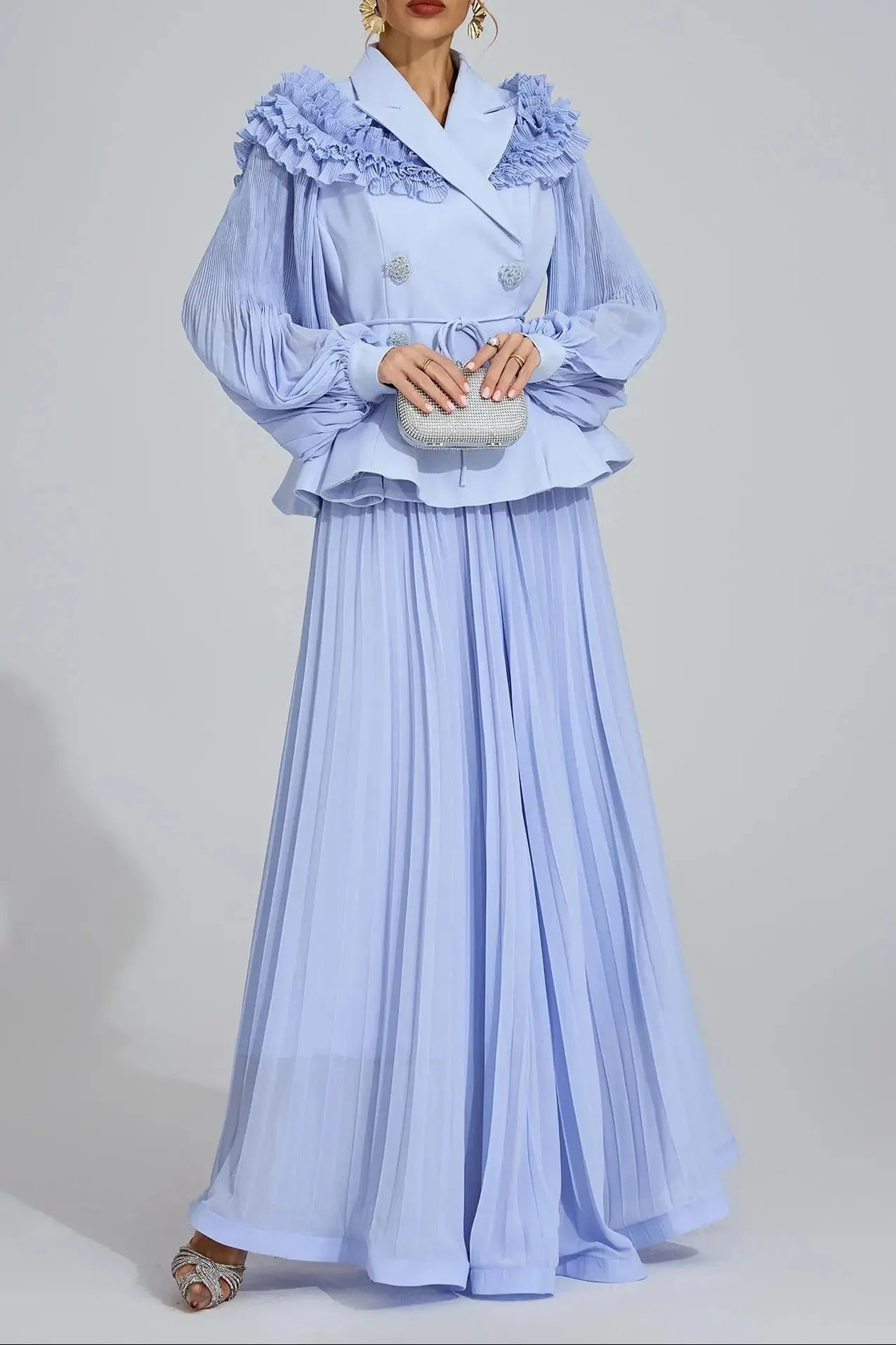 josephine Light Blue Flounce skirt  blazer Two-Piece Set Avalabel
