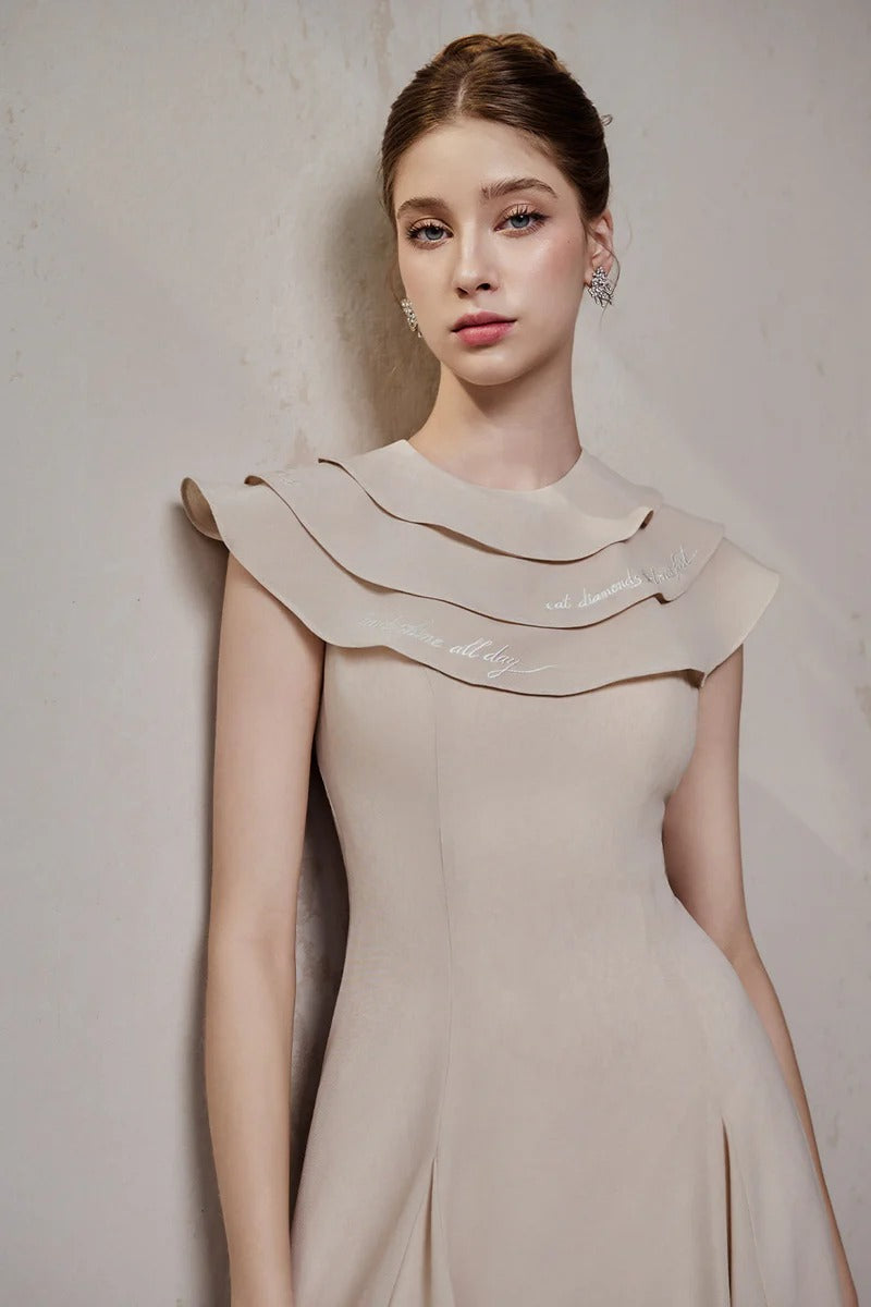 A-line Jewel Neck Viscose Ankle Maxi Dress in Beige Avalabel