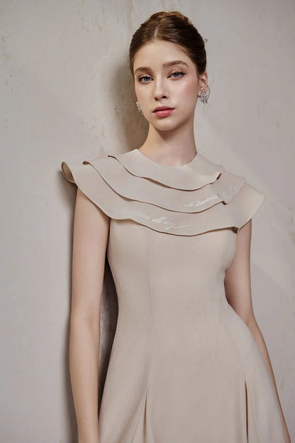 A-line Jewel Neck Viscose Ankle Maxi Dress in Beige Avalabel