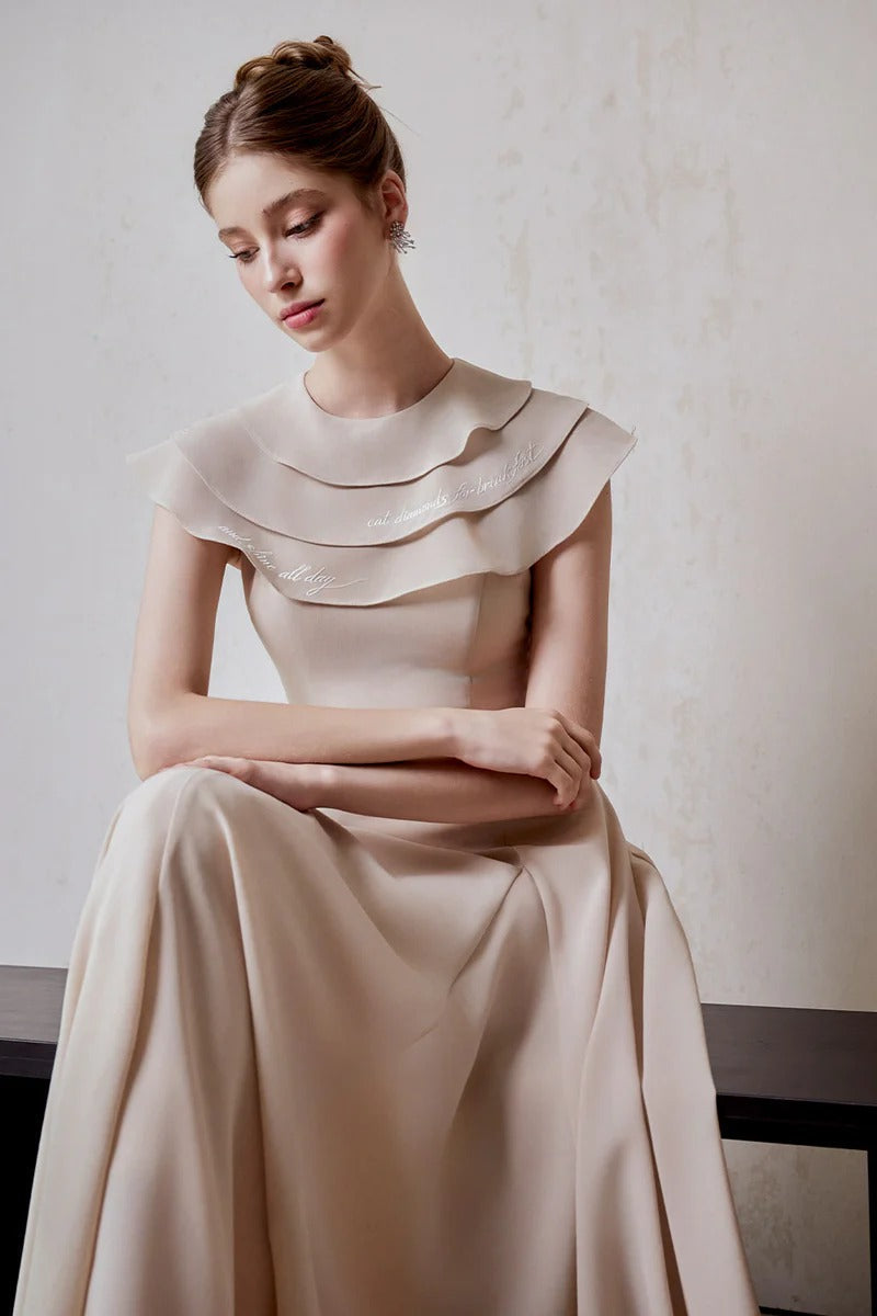 A-line Jewel Neck Viscose Ankle Maxi Dress in Beige Avalabel