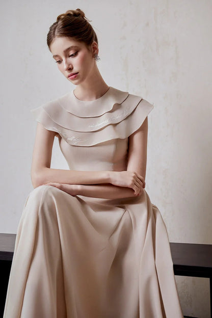 A-line Jewel Neck Viscose Ankle Maxi Dress in Beige Avalabel