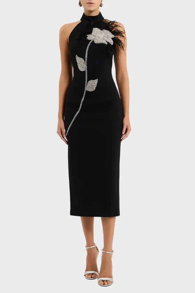 beatrice flower rhinestone feather halter Midi Dress in Black Avalabel