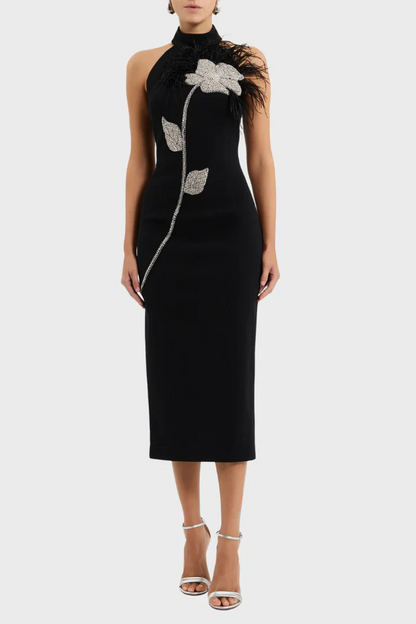 beatrice flower rhinestone feather halter Midi Dress in Black