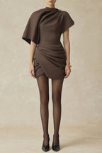 agatha Asymmetric Sleeve Draped Mini Dress in brown Avalabel