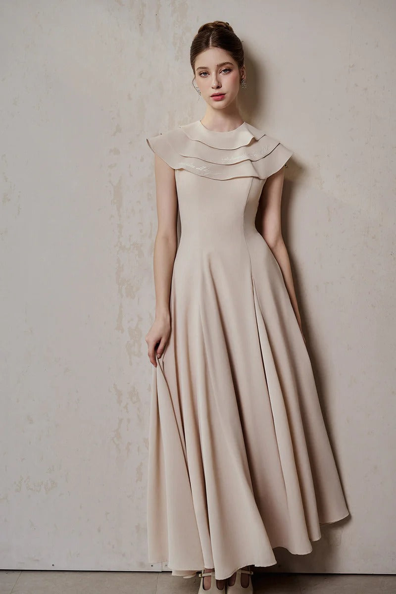 A-line Jewel Neck Viscose Ankle Maxi Dress in Beige Avalabel