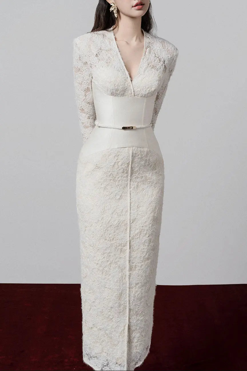 kimberley white v-neck lace patchwork midi dress Avalabel
