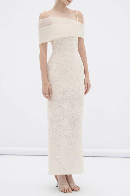 tiffany apricot Sheath off Shoulder Sleeve Lace Maxi Dress