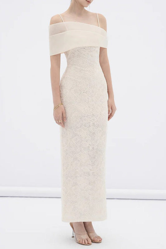 tiffany apricot Sheath off Shoulder Sleeve Lace Maxi Dress