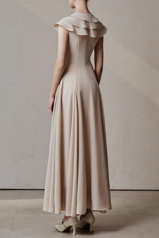 A-line Jewel Neck Viscose Ankle Maxi Dress in Beige Avalabel