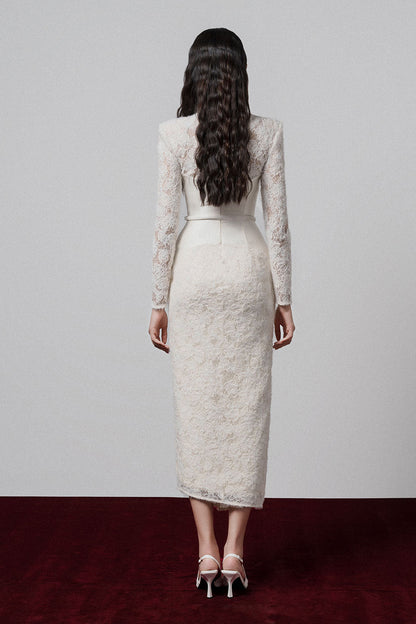 kimberley white v-neck lace patchwork midi dress