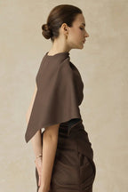 agatha Asymmetric Sleeve Draped Mini Dress in brown Avalabel