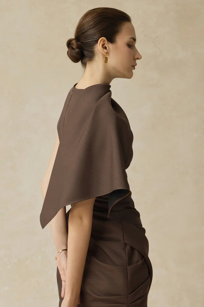 agatha Asymmetric Sleeve Draped Mini Dress in brown Avalabel