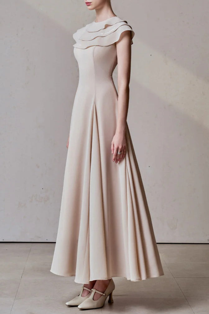 A-line Jewel Neck Viscose Ankle Maxi Dress in Beige Avalabel