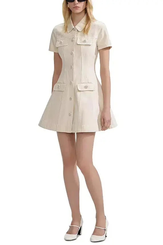 vanessa Cream Collared Denim Mini Dress Avalabel