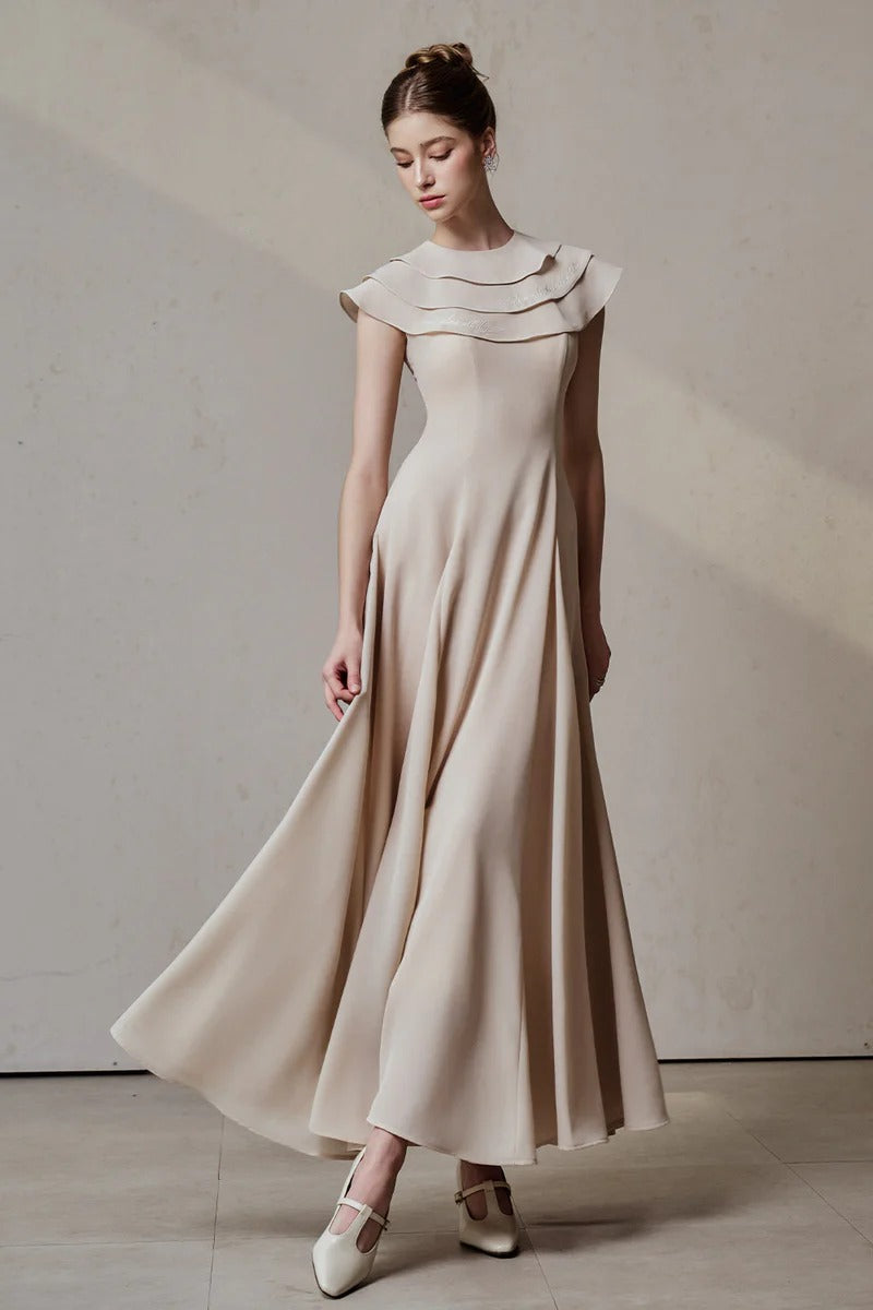 A-line Jewel Neck Viscose Ankle Maxi Dress in Beige Avalabel