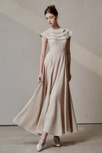 A-line Jewel Neck Viscose Ankle Maxi Dress in Beige Avalabel