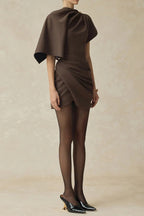 agatha Asymmetric Sleeve Draped Mini Dress in brown Avalabel