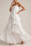 White Tiered Lace Spaghetti Strap Maxi Dress Avalabel
