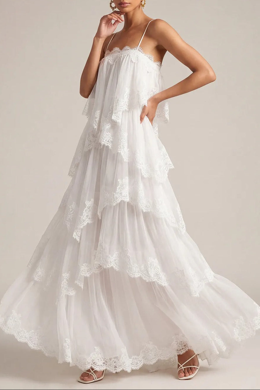 White Tiered Lace Spaghetti Strap Maxi Dress Avalabel