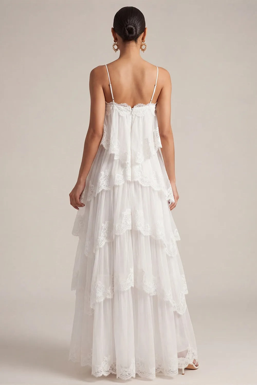 White Tiered Lace Spaghetti Strap Maxi Dress Avalabel
