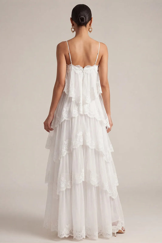 White Tiered Lace Spaghetti Strap Maxi Dress