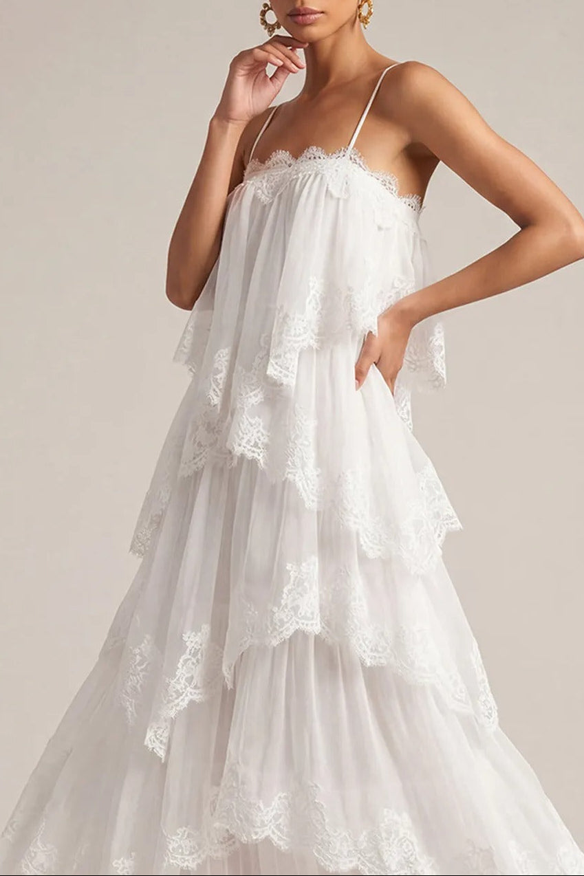 White Tiered Lace Spaghetti Strap Maxi Dress Avalabel