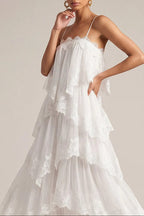 White Tiered Lace Spaghetti Strap Maxi Dress Avalabel