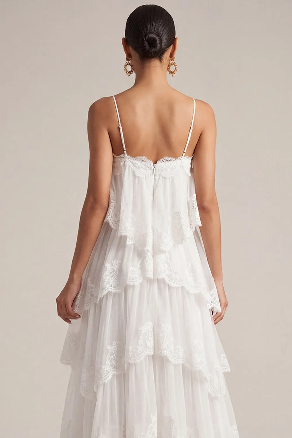 White Tiered Lace Spaghetti Strap Maxi Dress Avalabel