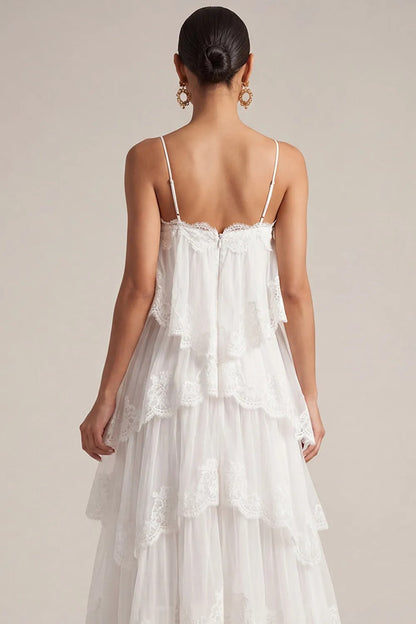 White Tiered Lace Spaghetti Strap Maxi Dress Avalabel