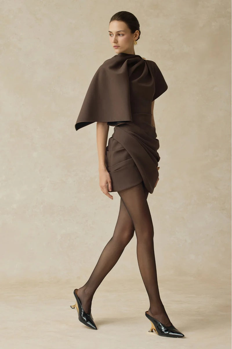 agatha Asymmetric Sleeve Draped Mini Dress in brown Avalabel