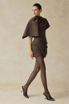 agatha Asymmetric Sleeve Draped Mini Dress in brown Avalabel