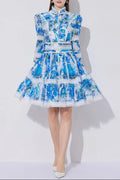 sabrina Lace-paneled printed lantern sleeves mini dress in blue Avalabel