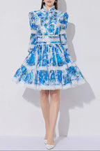 sabrina Lace-paneled printed lantern sleeves mini dress in blue Avalabel