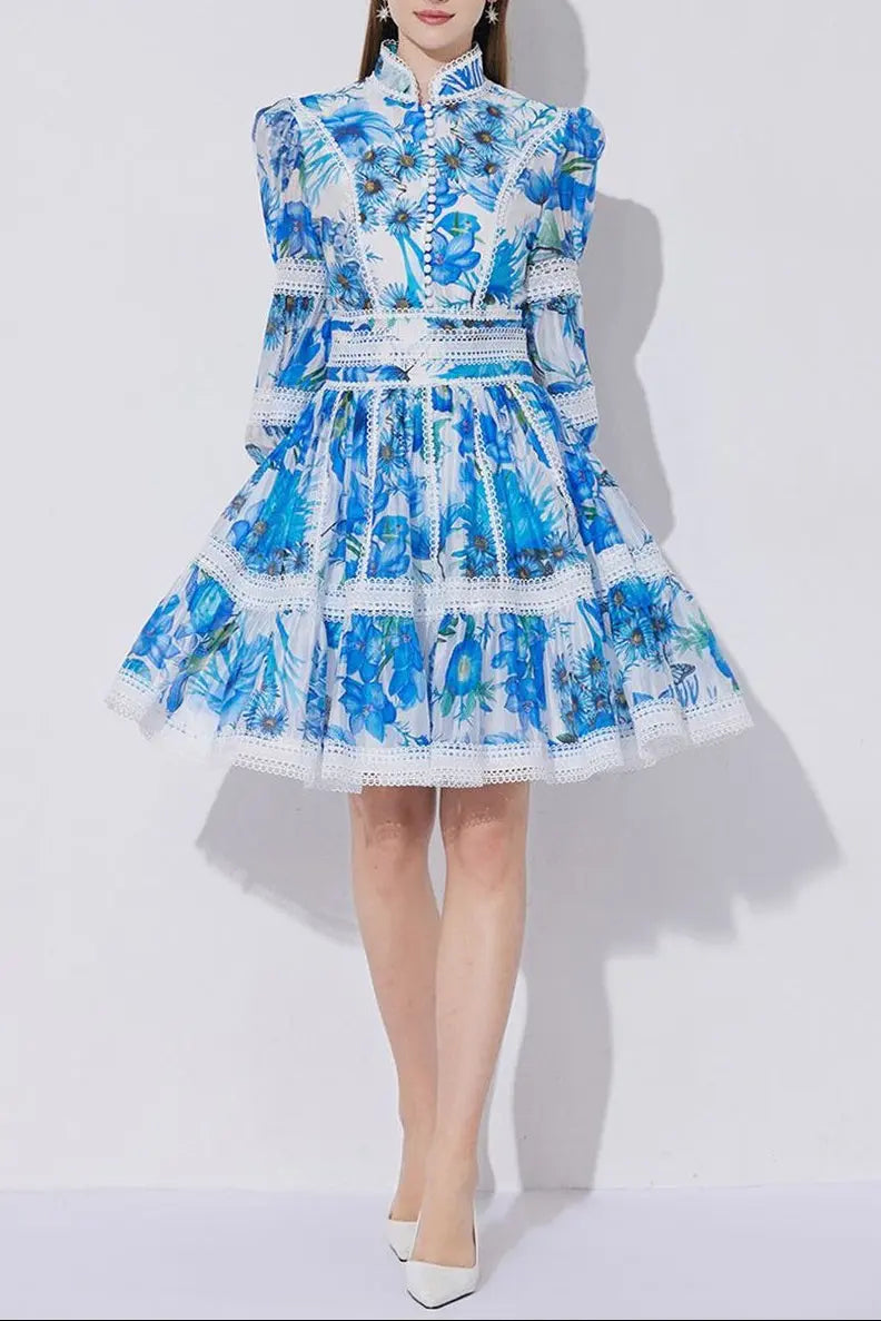 sabrina Lace-paneled printed lantern sleeves mini dress in blue Avalabel
