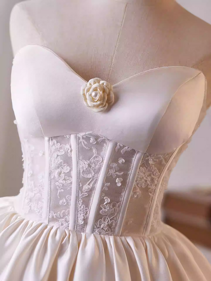 Helen White Flower Strapless Lace Satin Mini Dress